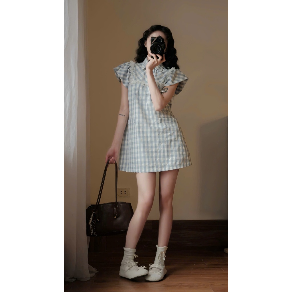 NH CLOTHER -Váy baby doll caro xanh trắng phối ren nơ ngực trẻ trung năng động