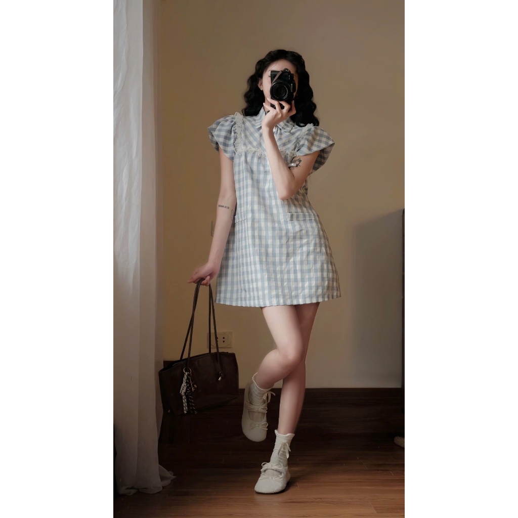 NH CLOTHER -Váy baby doll caro xanh trắng phối ren nơ ngực trẻ trung năng động