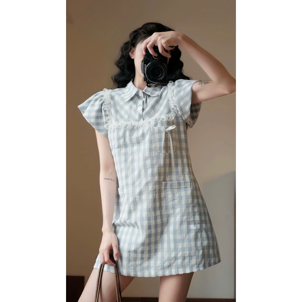 NH CLOTHER -Váy baby doll caro xanh trắng phối ren nơ ngực trẻ trung năng động
