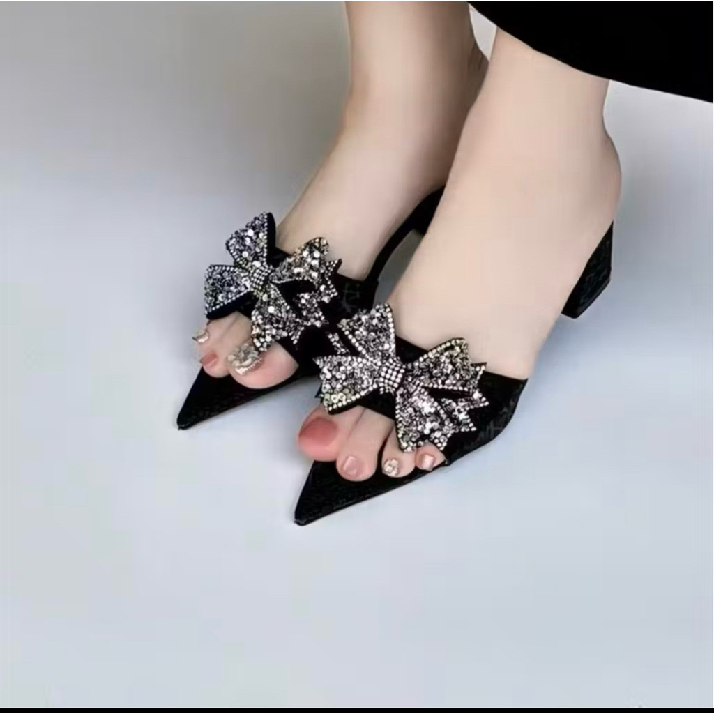 Bigsize 35-41 Dép lê cao gót quai bản gắn nơ đính đá chất da kim tuyến mềm. gót 5-7cm mã B14