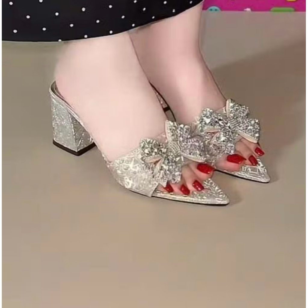 Bigsize 35-41 Dép lê cao gót quai bản gắn nơ đính đá chất da kim tuyến mềm. gót 5-7cm mã B14