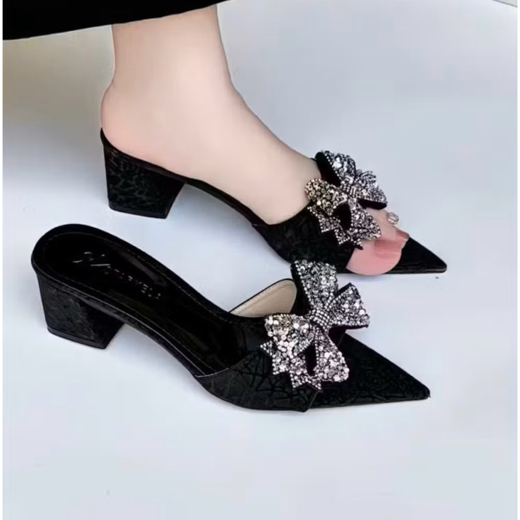 Bigsize 35-41 Dép lê cao gót quai bản gắn nơ đính đá chất da kim tuyến mềm. gót 5-7cm mã B14