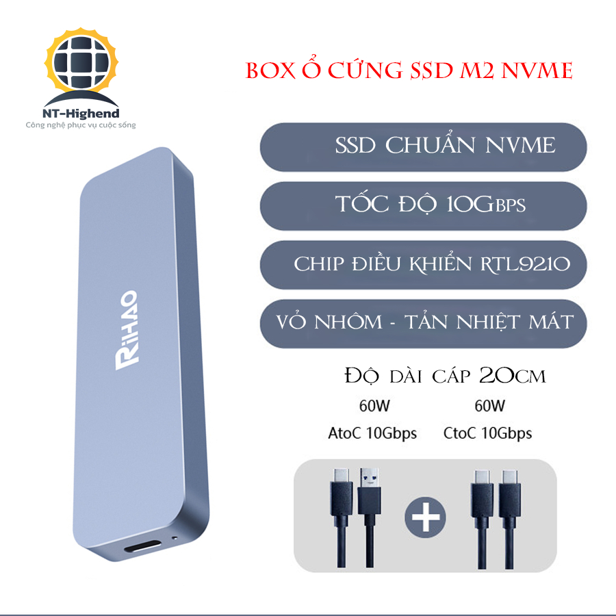 BOX Ổ CỨNG SSD RiHAO R10 PRO Hỗ trợ NGFF NVME Vỏ nhôm tốc độ 10G 2 cáp ...