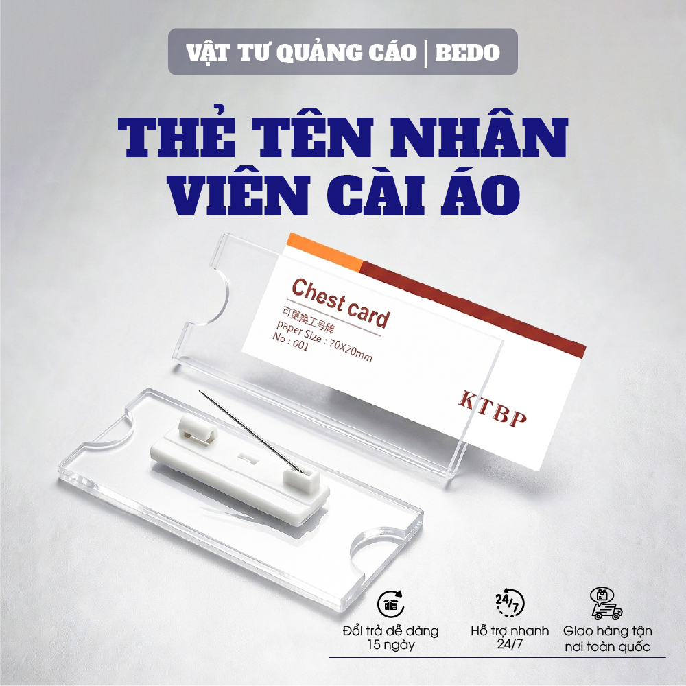 Bảng Tên Cài Áo BEDO Mica Nhựa Cao Cấp 20x60 20x70mm Ghim Cài Nhân Viên Văn Phòng Showroom