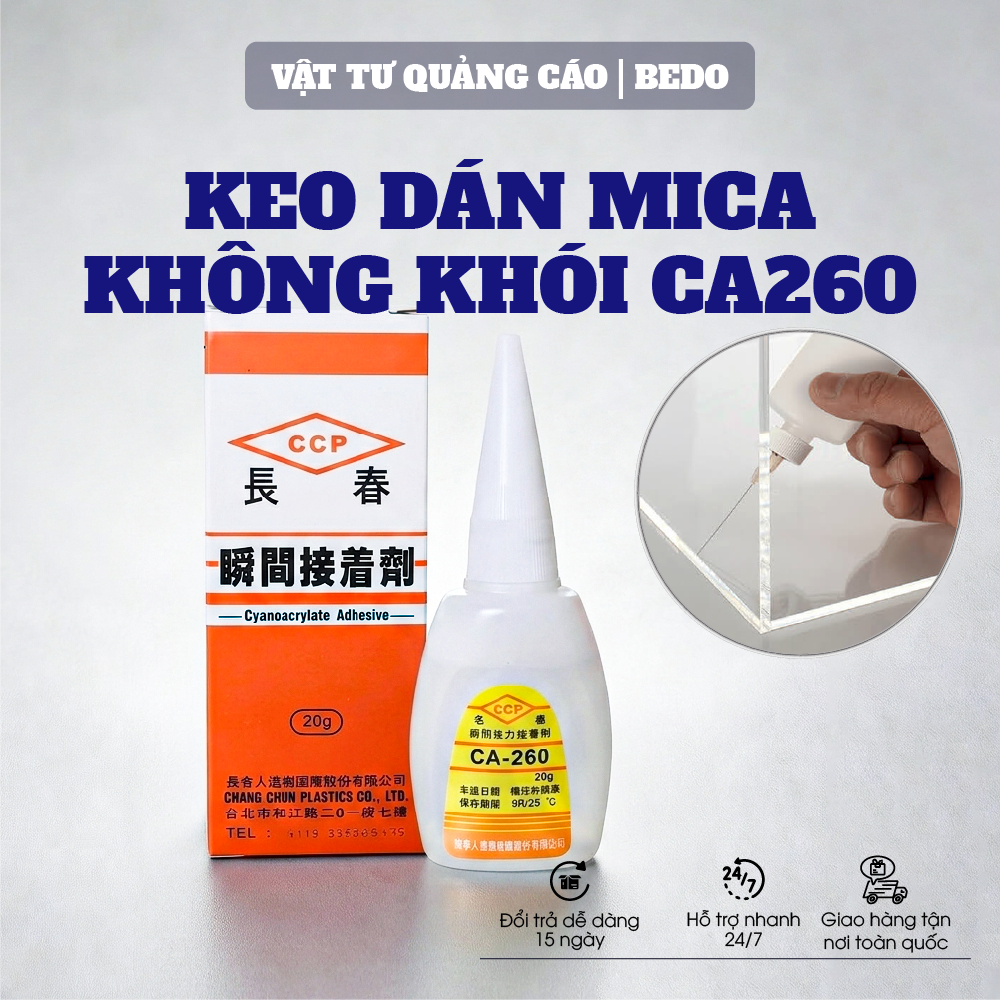 Keo CA260 BEDO Trong Suốt Keo Dán Mica Alu Không Khói Đa Năng Khô Nhanh Chống Ố Vết Keo