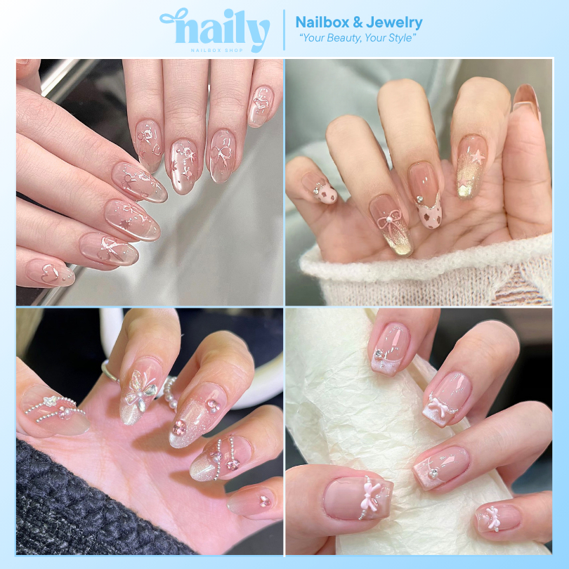 [HÀNG MỚI VỀ] Móng tay giả, hộp nailbox 24 móng form bầu nhọn có nhiều họa tiết| Tặng kèm keo
