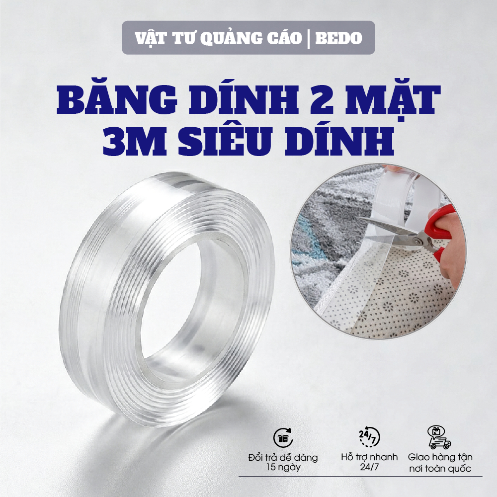 Băng Dính Trong Suốt 2 Mặt BEDO Keo Nano Bản 2cm Cuộn 3m Siêu Dính Dán Đa Năng Không Lộ Keo