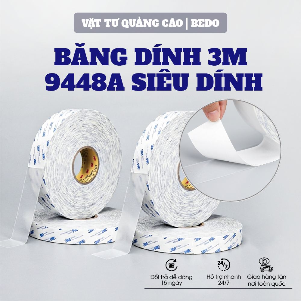 Băng Dính 3M 9448A BEDO 2 Mặt Siêu Mỏng 0.15mm Cuộn 50m Độ Dính Cao Dán Đa Năng Chuyên Dụng