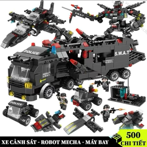 Đồ Chơi Xếp Hình SWAT Cho Bé, Bộ Lắp Ráp Xe Cảnh Sát Robot Mecha Máy Bay 3in1, Quà Tặng Cho Bé