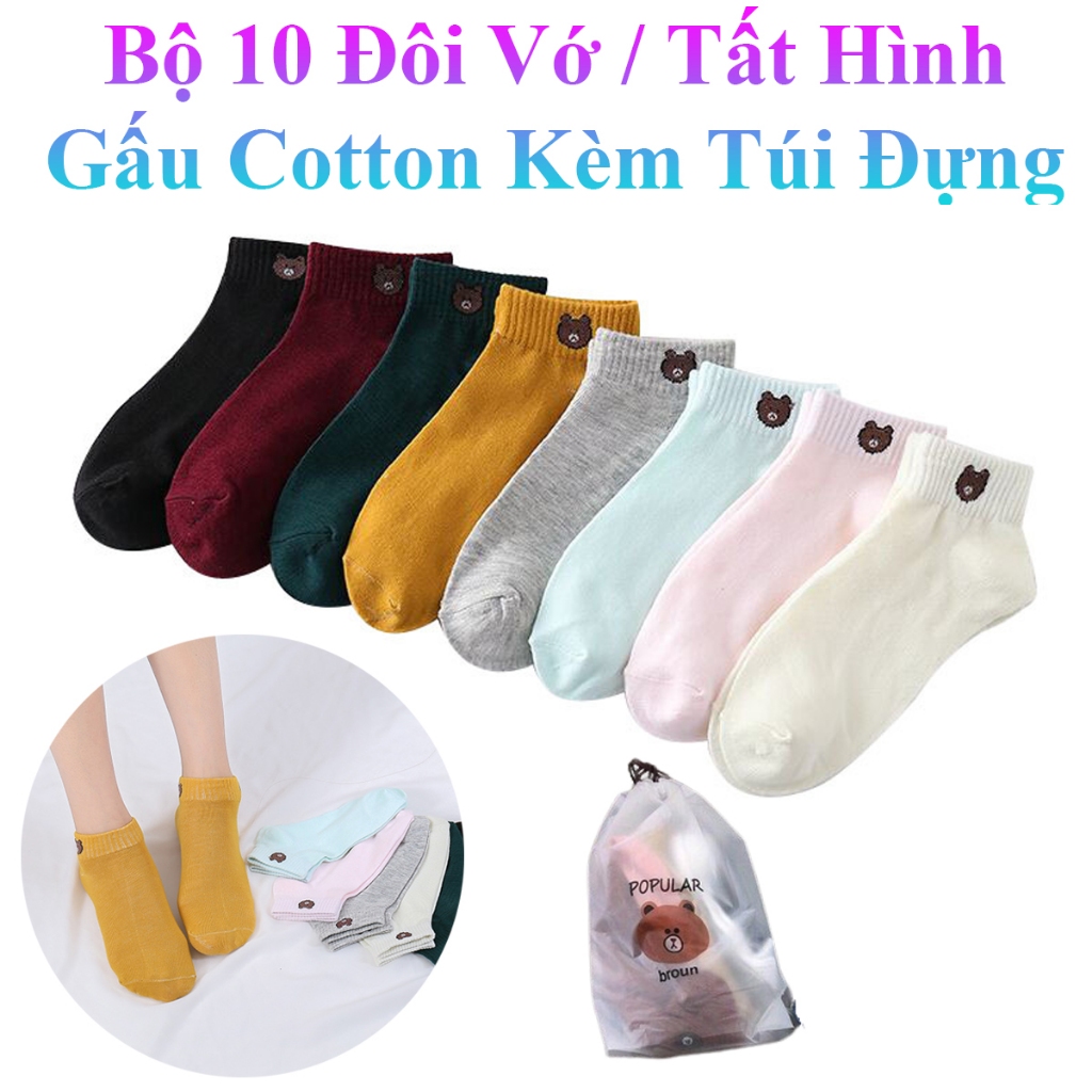 Bộ 10 Đôi Vớ / Tất Hình Gấu Cotton Nhiều Màu Kèm Túi Đựng Xinh