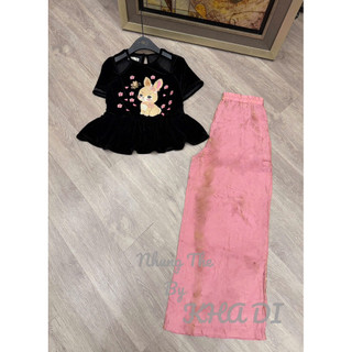 Sét áo nhung the cộc tay cut vai thêu thỏ điểm cườm +quần xuông lụa