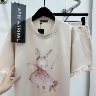 Bộ đồ ngủ nữ tay ngắn quần short thỏ dễ thương màu be form rộng thun mềm