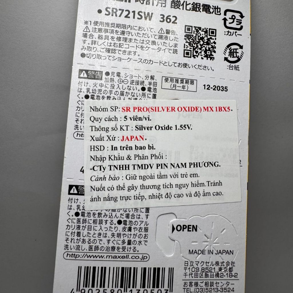 Pin Đồng Hồ Maxell SR721SW 362 Chính Hãng - Pin Silver Oxide 1.55V Nhật Bản Cao Cấp - Vỉ 1-5 Viên