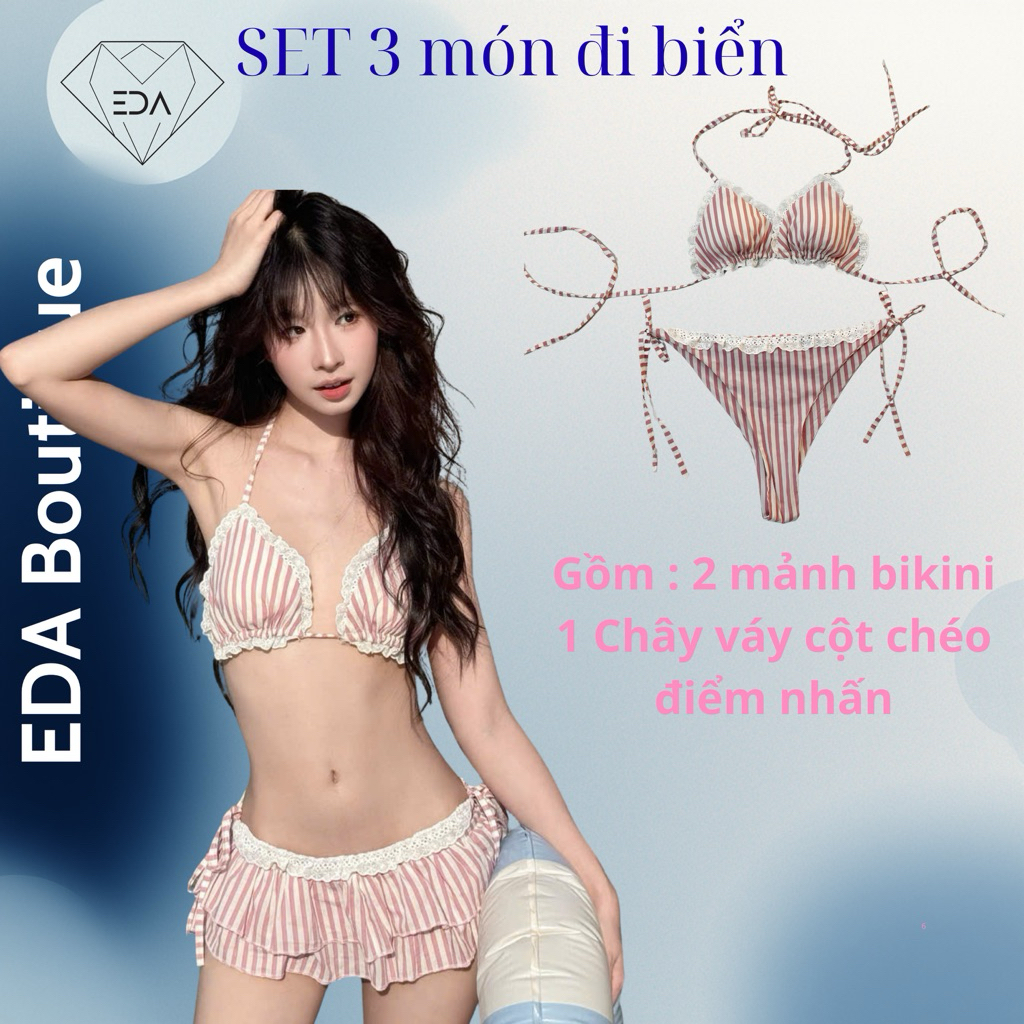 EDA - Set 3 Món 2 Mảnh Bikini Tí Hon  Cúp Ngực Tam Giác Ren - Kẻ Hồng Trắng Thắt Dây Xinh Xắn
