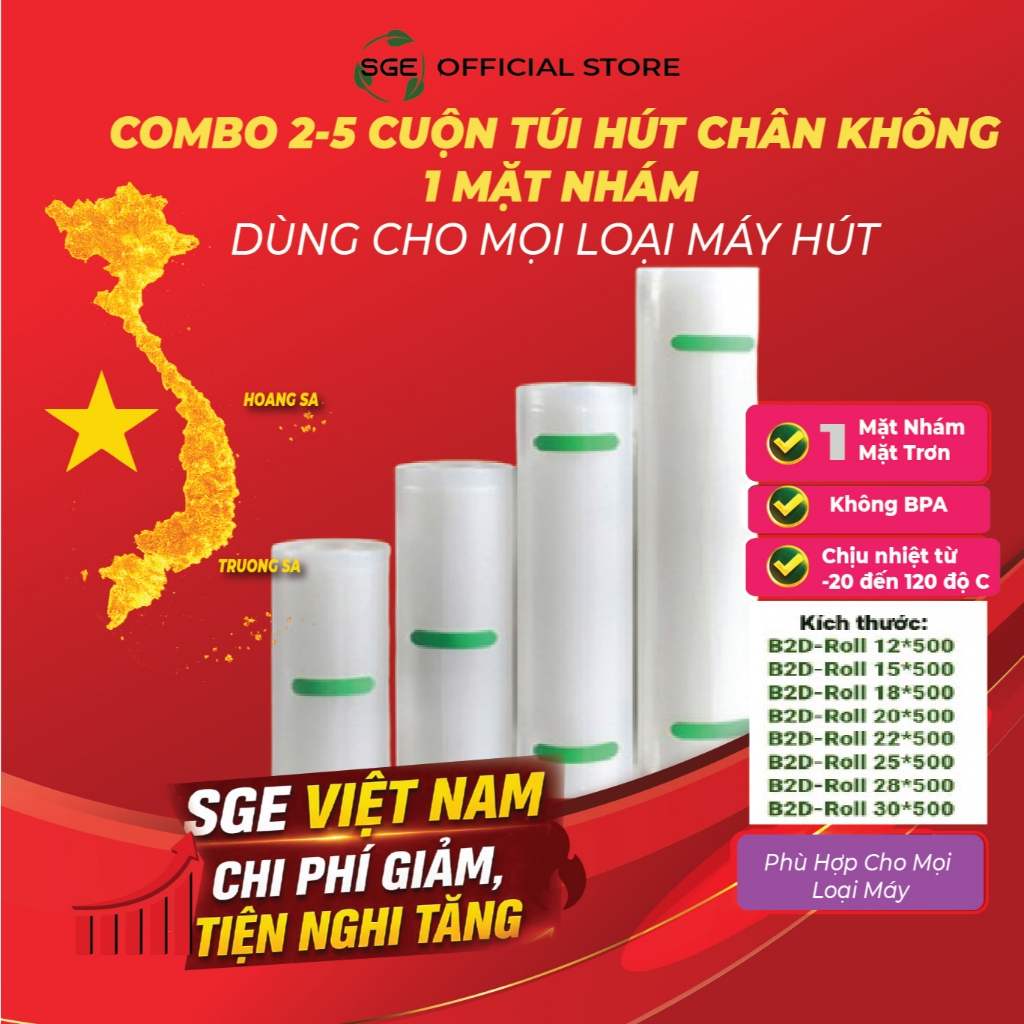 [sale trung thu] COMBO 2-5 cuộn Túi Hút Chân Không 1 mặt nhám SGE dùng cho mọi loại máy hút, tiêu chuẩn ATTP