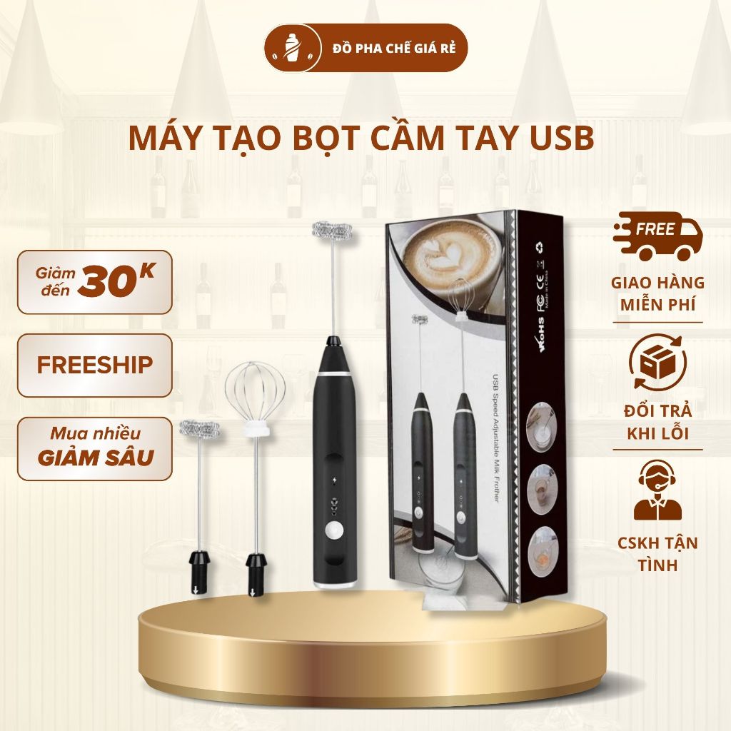 Máy Tạo Bọt Sữa Mini Sạc Pin 3 Tốc Độ Đánh Nhanh Kèm 2 Đầu Đa Năng Pha Cà Phê Tiện Lợi