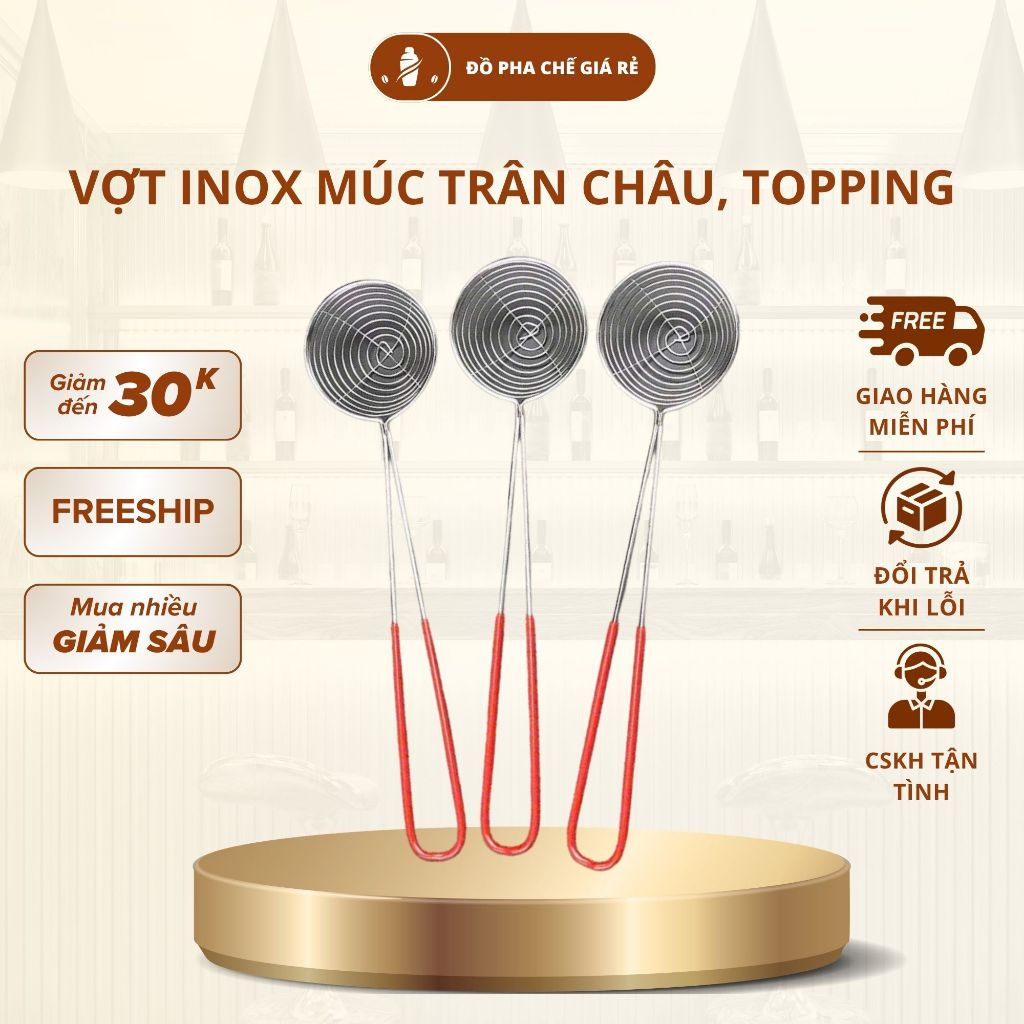 Vợt Múc Trân Châu Inox Cán Đỏ Lưới Lọc Mịn Vớt Topping Trà Sữa Tiện Lợi Bền Đẹp