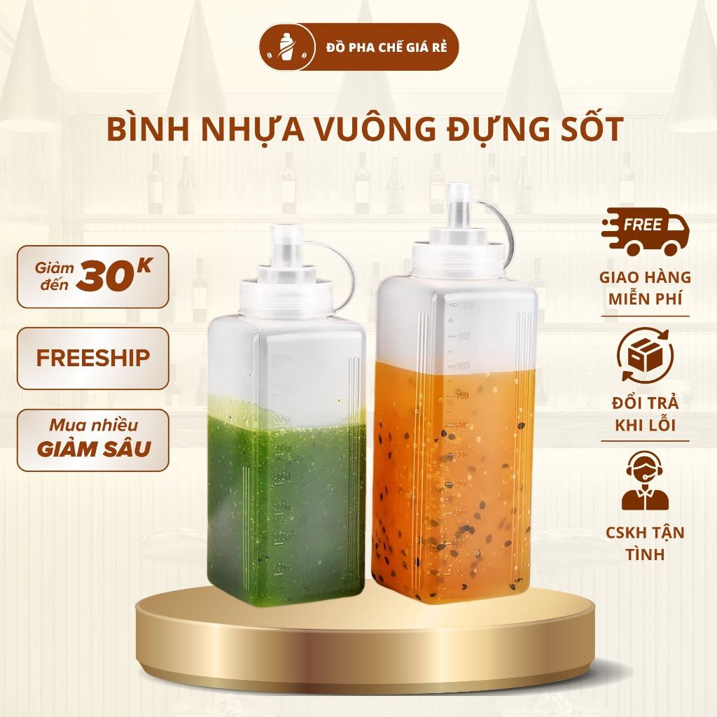 Chai Đựng Sốt Vuông Miệng Rộng 800ml 1000ml Bình Bóp Sốt Pha Chế Trà Sữa Cà Phê