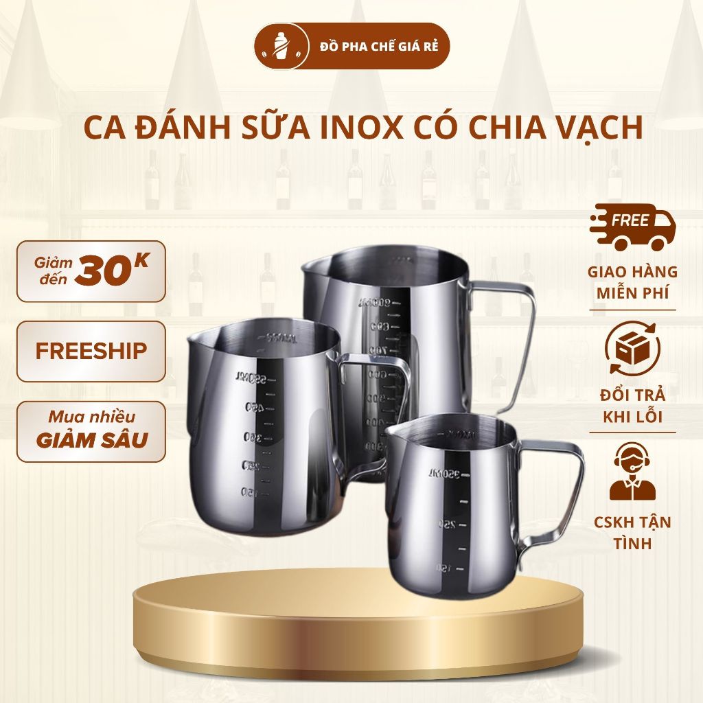 Ca Đánh Sữa Inox Có Vạch Chia 350ml 550ml 900ml Ca Tạo Bọt Latte Art Dụng Cụ Pha Chế Barista