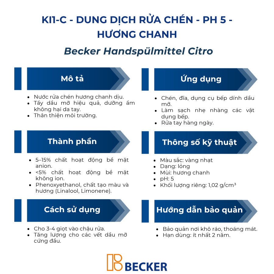 [Nhập khẩu Đức] Nước rửa chén hương chanh Becker KI1-C - pH 5 - Dịu nhẹ da tay, tiết kiệm nước