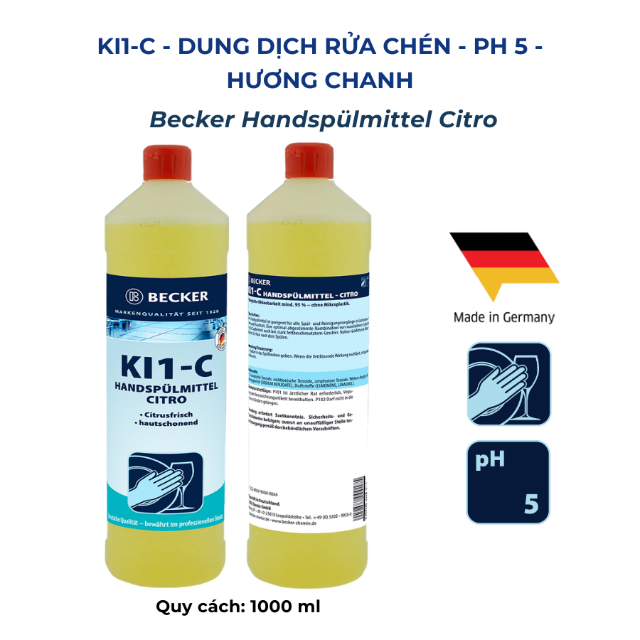 [Nhập khẩu Đức] Nước rửa chén hương chanh Becker KI1-C - pH 5 - Dịu nhẹ da tay, tiết kiệm nước