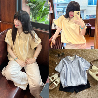 Áo sơ mi cổ sen cộc tay chất vải gió hàn 2 lớp basic tay ngắn babydoll chất liệu gió mềm Cakecat