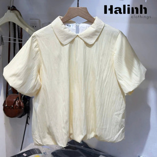 Áo sơ mi cổ sen cộc tay chất vải gió hàn 2 lớp basic tay ngắn babydoll chất liệu gió mềm Cakecat