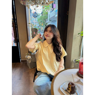 Áo sơ mi cổ sen cộc tay chất vải gió hàn 2 lớp basic tay ngắn babydoll chất liệu gió mềm Cakecat