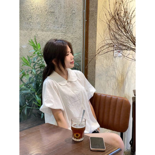 Áo sơ mi cổ sen cộc tay chất vải gió hàn 2 lớp basic tay ngắn babydoll chất liệu gió mềm Cakecat