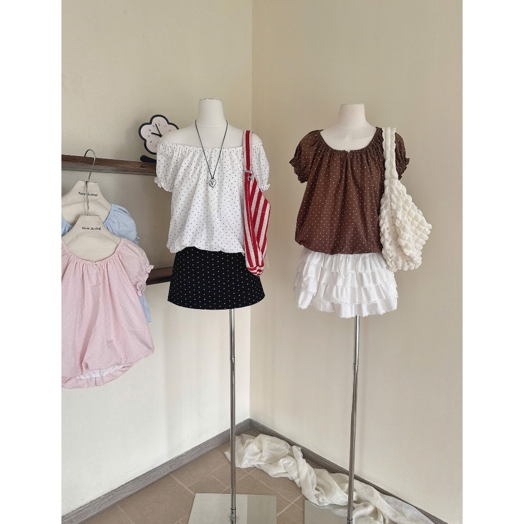 Áo babydoll chấm bi bo chun tay 4 màu siêu xinh 5595 A154