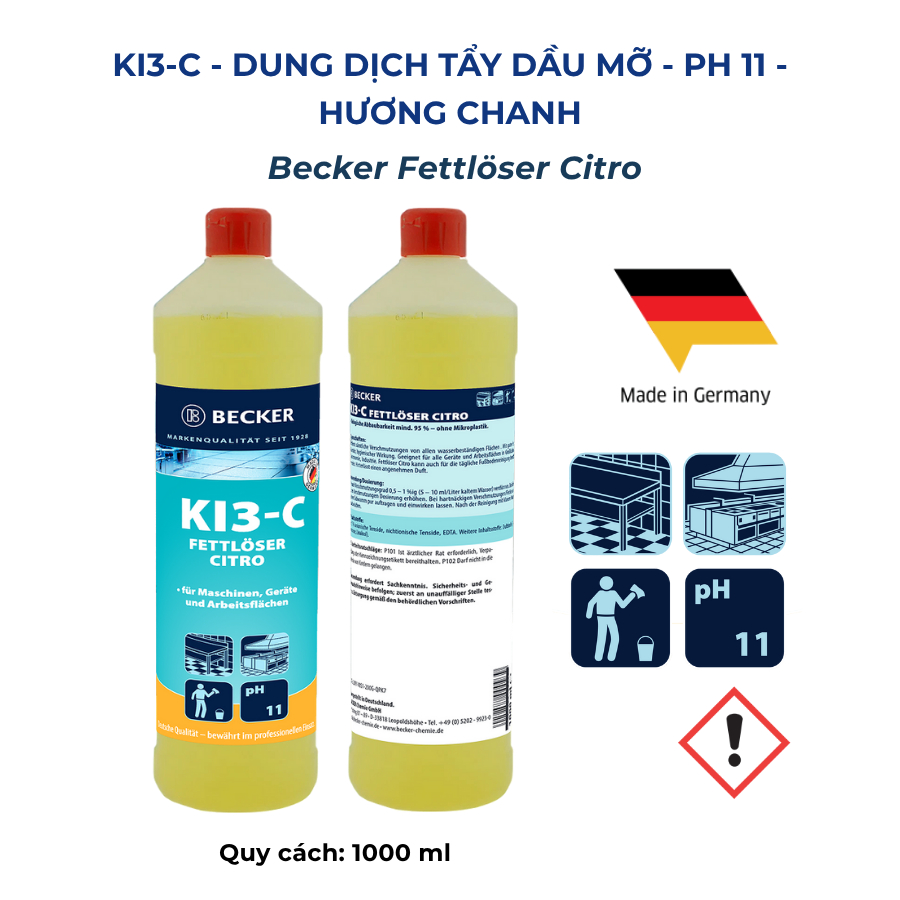 [Nhập khẩu Đức]  Nước tẩy dầu mỡ hương chanh Becker KI3-C - pH 11