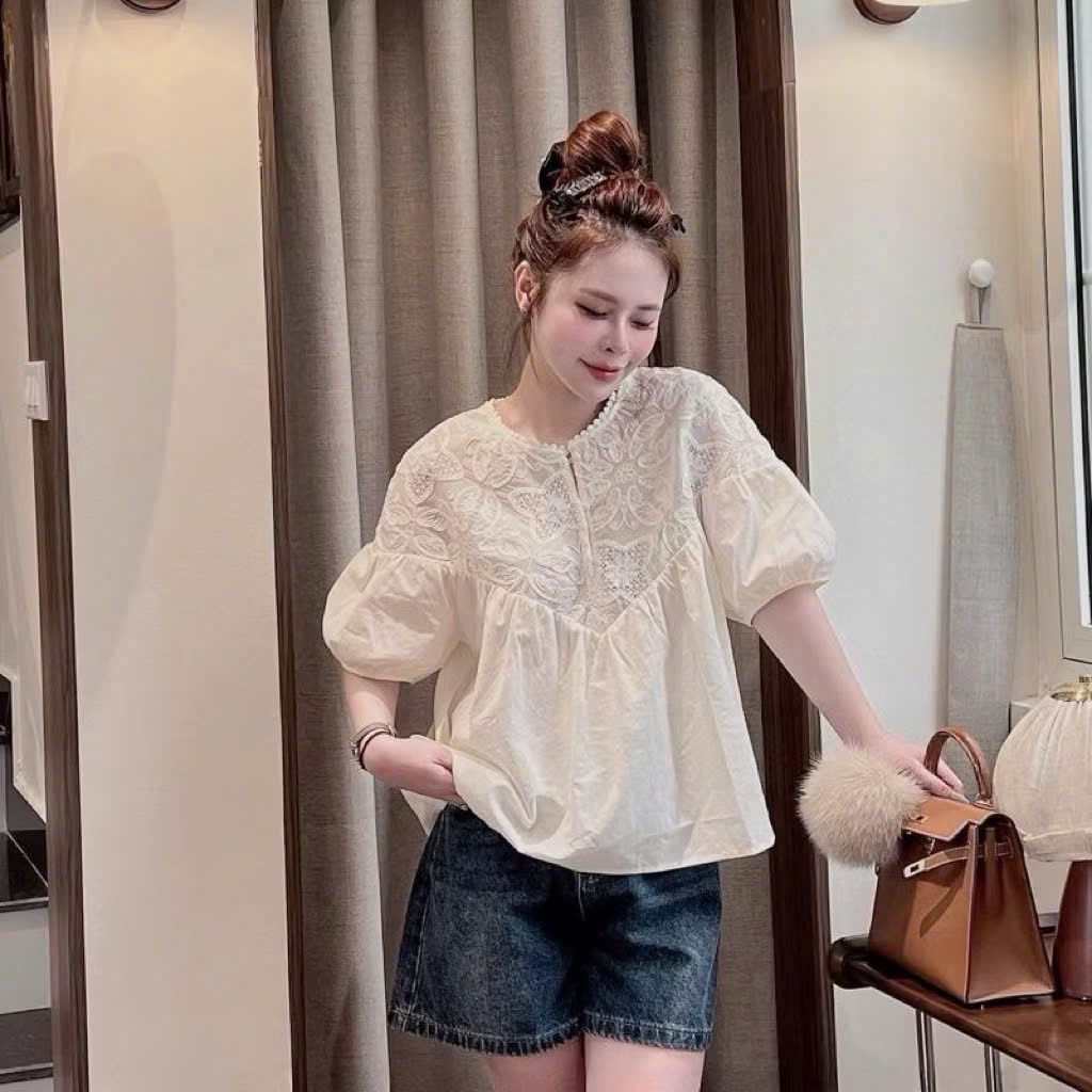 Áo ren chất thô boi vân hoa tay bo hàng QC 11233 A152