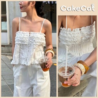 Áo 2 dây bèo chất vải cotton phối ren mềm basic phong cách Coquette mặc đi biển đi du lịch Cakecat