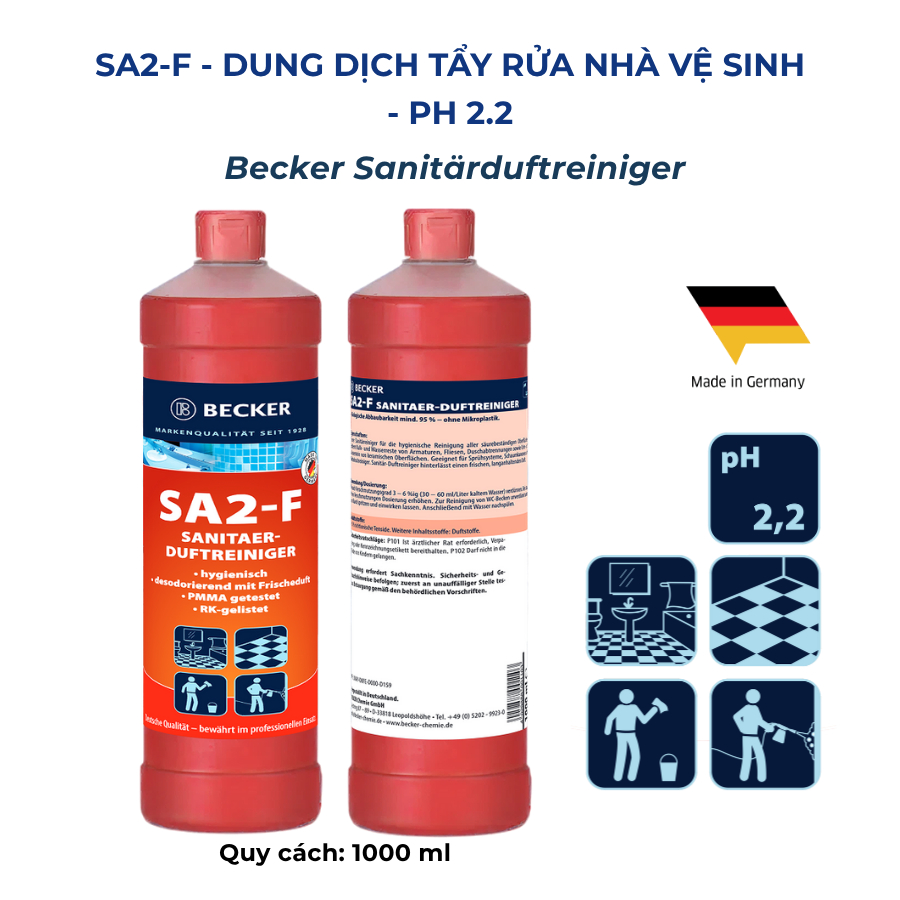 [Nhập khẩu Đức] Nước lau nhà vệ sinh & Dưỡng bóng với mùi hương tinh tế Becker SA2-F - pH 2.2 (Bóng kính, khử mùi, thơm)