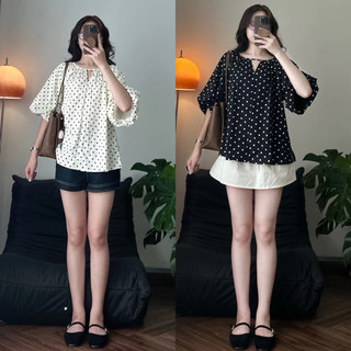 Áo Babydoll Tay Ngắn Kiểu Nữ Tay Bồng Cổ Tròn Màu Basic Áo Sơ Mi Dành Cho Nữ Mặc Đi Chơi Cakecat