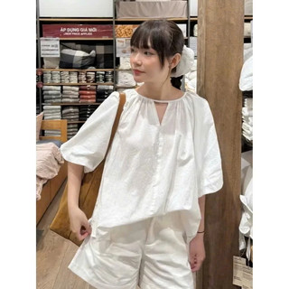 Áo Babydoll Tay Ngắn Kiểu Nữ Tay Bồng Cổ Tròn Màu Basic Áo Sơ Mi Dành Cho Nữ Mặc Đi Chơi Cakecat