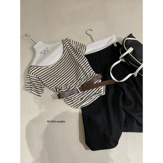 𝐏𝐡𝐢𝐞𝐧 𝐖𝐆𝐖𝐄 | w9375 Áo Thun Trễ Vai Ôm Dưới Hoạ Tiết Kẻ Ngang