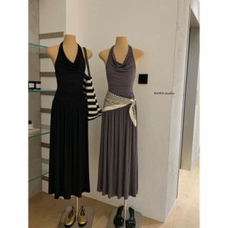 𝐏𝐡𝐢𝐞𝐧 𝐖𝐆𝐖𝐄 | (Sẵn) w9283 Đầm Thun Co Dãn Lưng Soắn Dây Cổ Yếm Ôm Xoè Rủ
