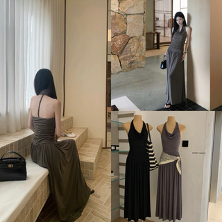 𝐏𝐡𝐢𝐞𝐧 𝐖𝐆𝐖𝐄 | (Sẵn) w9283 Đầm Thun Co Dãn Lưng Soắn Dây Cổ Yếm Ôm Xoè Rủ