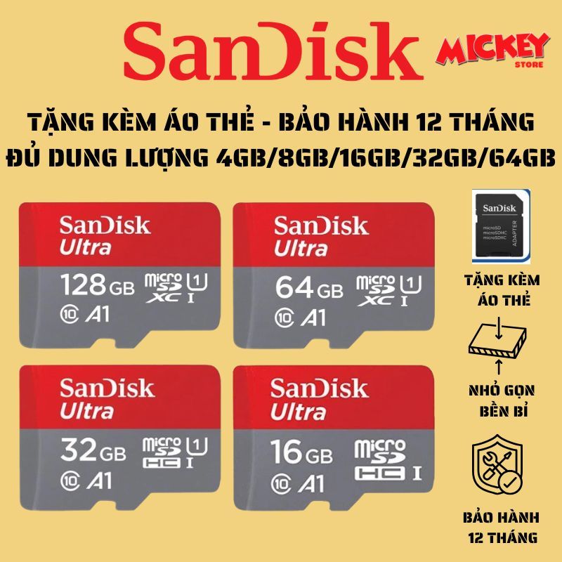 Thẻ Nhớ SanDisk MicroSDHC Ultra 4GB/8GB/16GB/32GB/64GB - Tặng Kèm Áo Thẻ - Tốc Độ Truyền Tải Nhanh