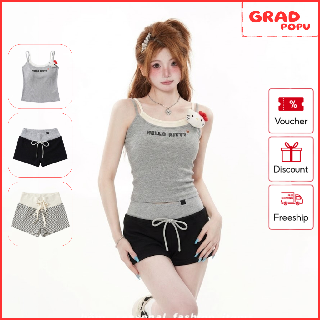 Set đồ nữ GRADPOPU form ôm body co giãn, bộ đồ Hello Kitty thể thao style Hàn Quốc trẻ trung PB78