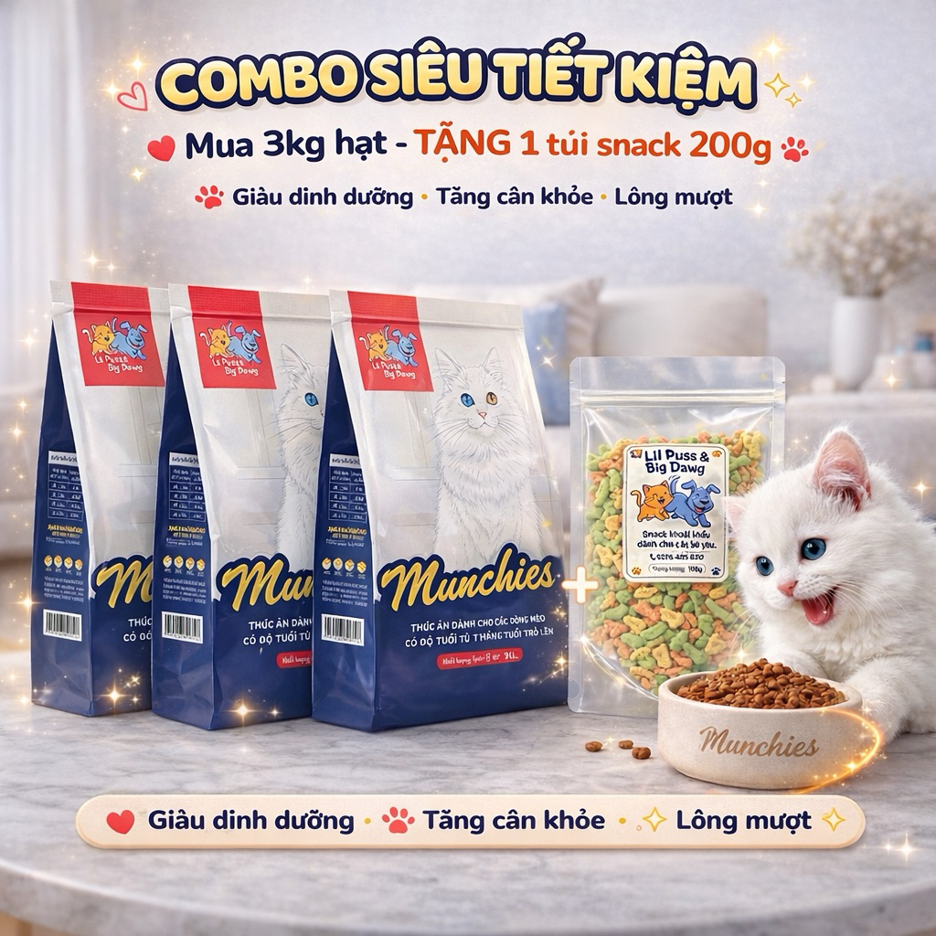 (Tặng Bánh Cá) Combo 3kg Thức Ăn Hạt Munchies Dành Cho Các Bé Mèo - Dầu Cá Hồi Giúp Hỗ Trợ Tăng Cân Và Giảm Rụng Lông.