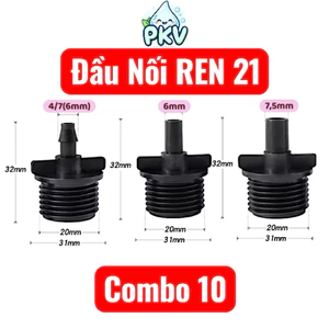 Combo 10 Đầu Ren 21 Ra 4/7 Có Móc Gài / 6mm / 7.5mm – Nối Ống Hoặc Gắn Béc Phun Sương