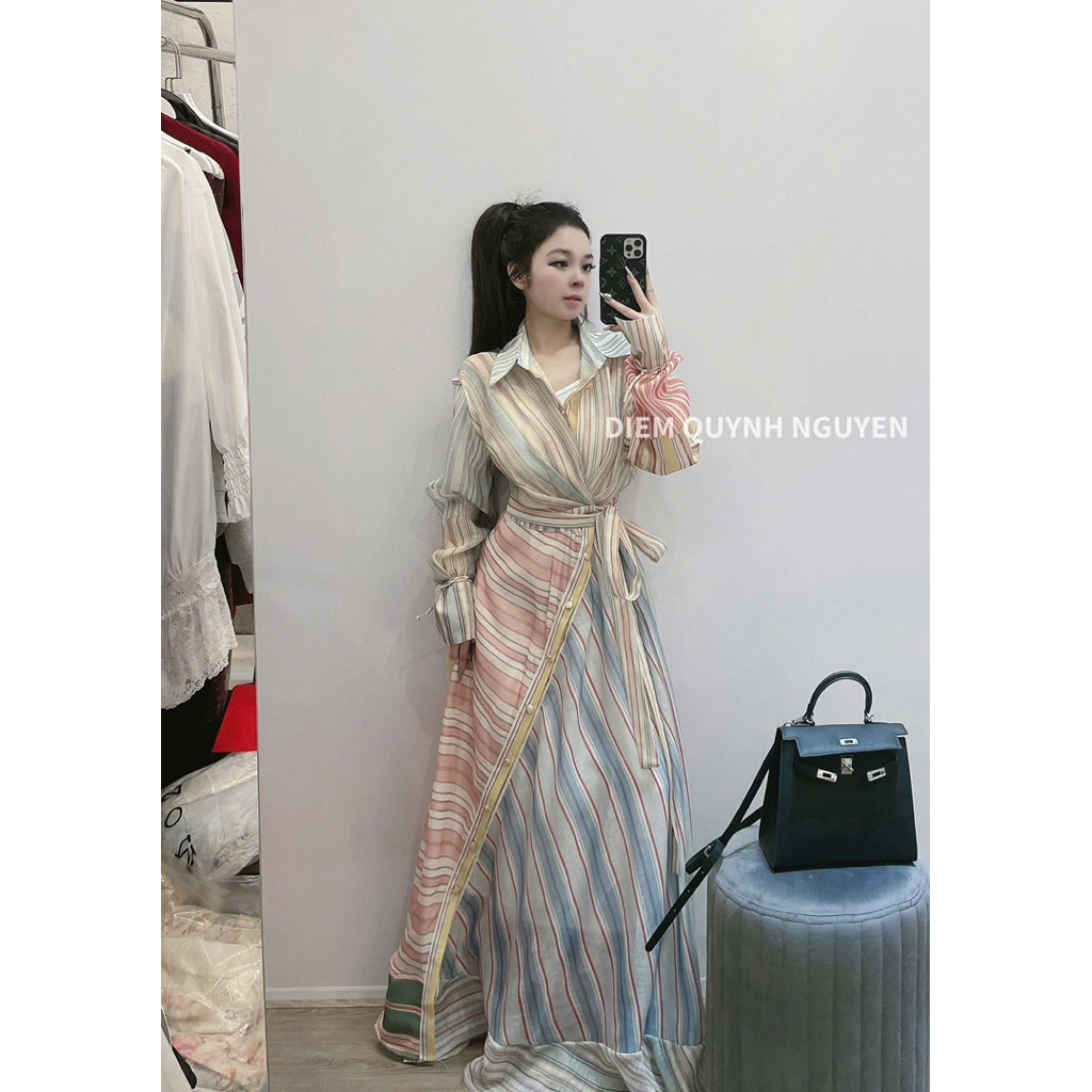 Đầm ZMM kẻ tay bồng thắt chéo eo