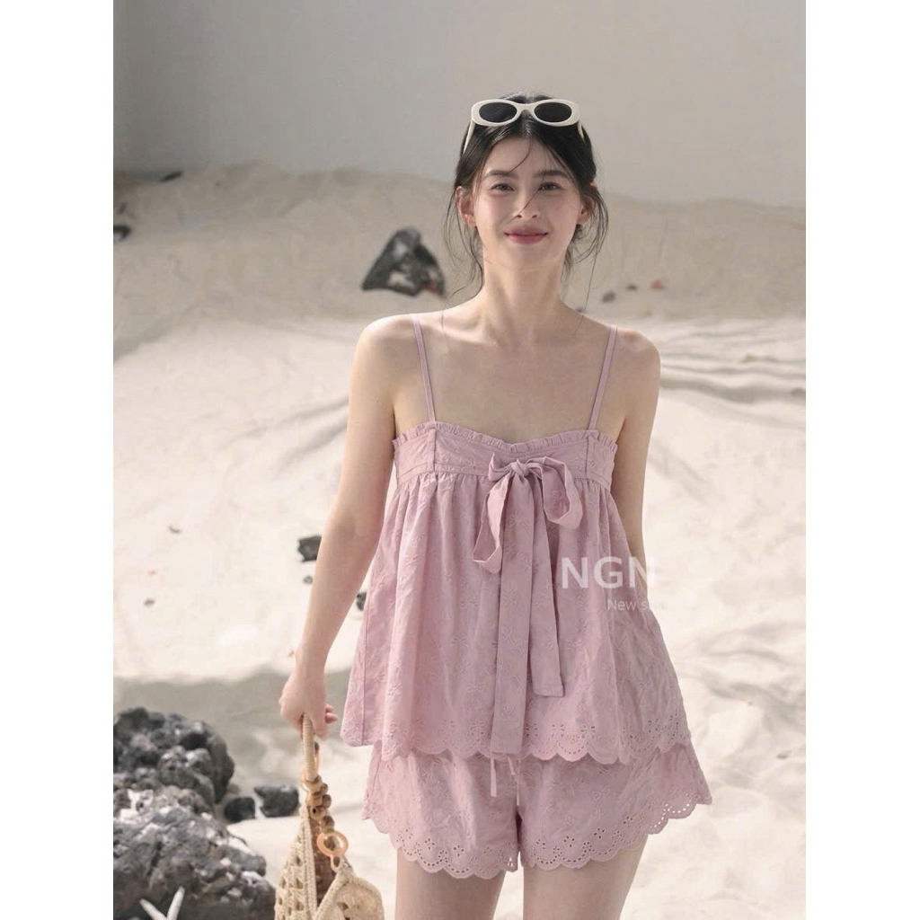 Set áo 2 dây babydoll thắt nơ ngực chân váy bèo tầng