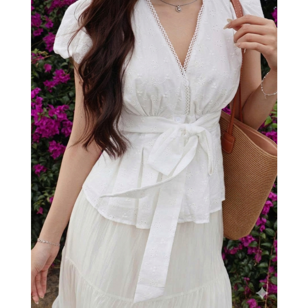 Áo babydoll chất thô boil cổ V ren hoa thắt nơ eo TAM A107