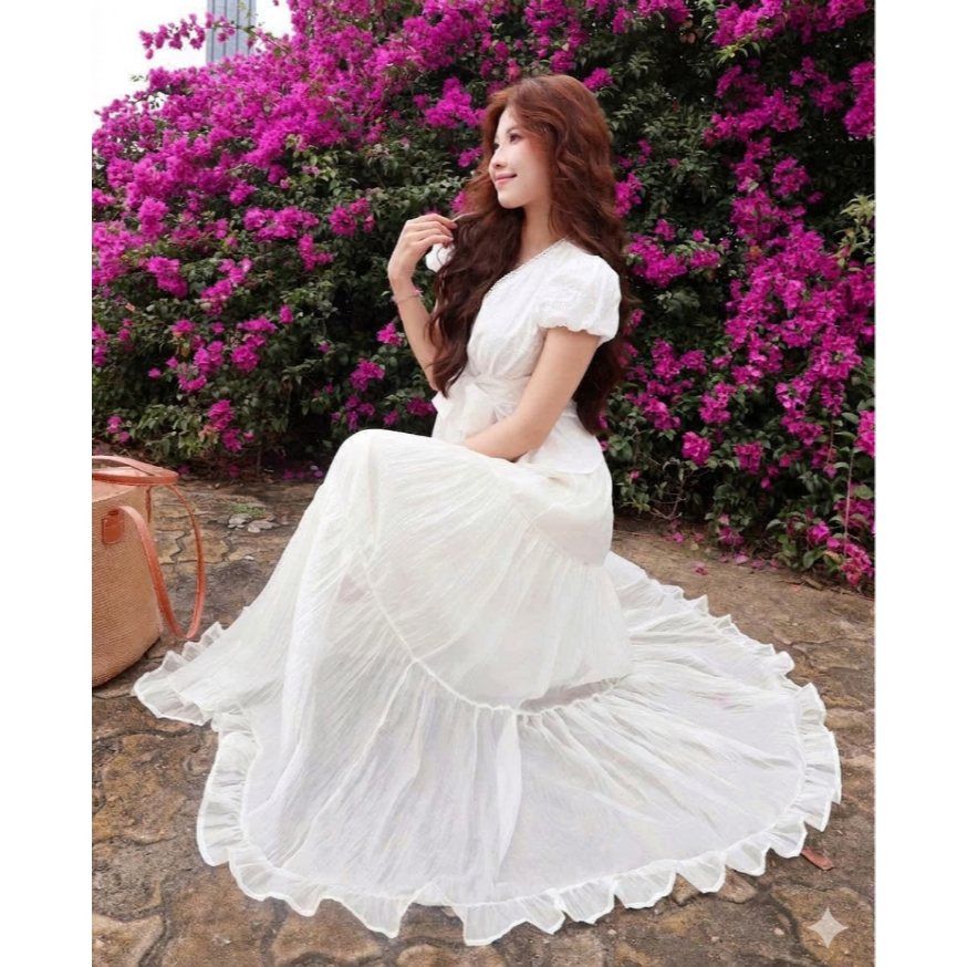Áo babydoll chất thô boil cổ V ren hoa thắt nơ eo TAM A107