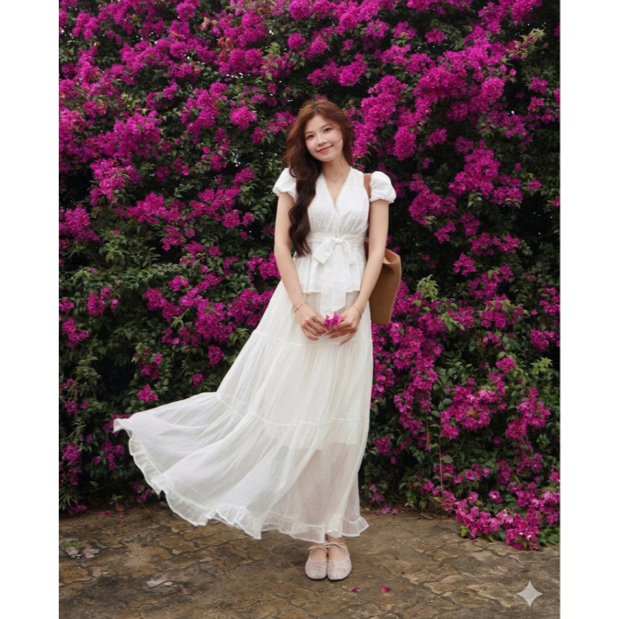Áo babydoll chất thô boil cổ V ren hoa thắt nơ eo TAM A107