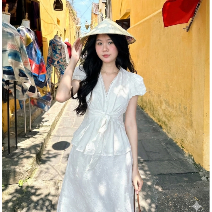 Áo babydoll chất thô boil cổ V ren hoa thắt nơ eo TAM A107