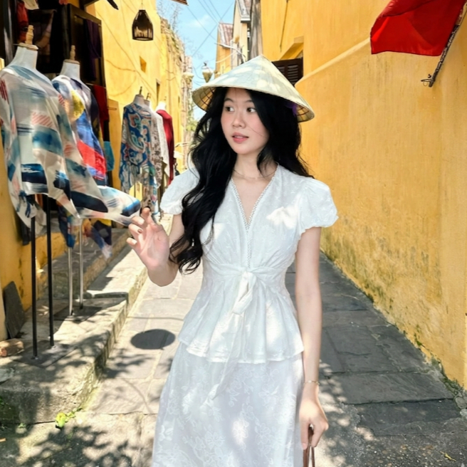 Áo babydoll chất thô boil cổ V ren hoa thắt nơ eo TAM A107